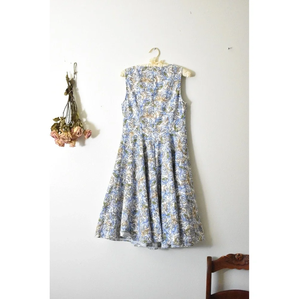 Anni Coco‎ Blue Baroque Scroll Print Sleeveless Fit and Flare Midi Dress Size M - Picture 4 of 7